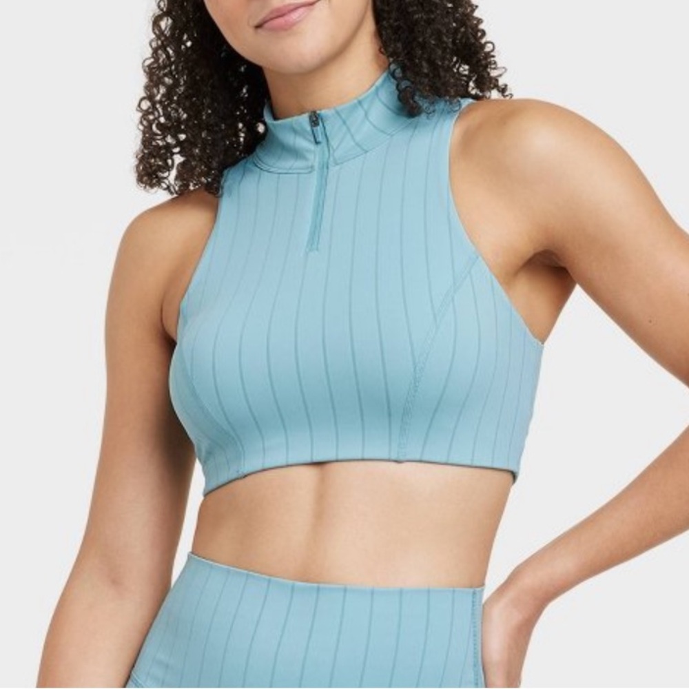 JOYLAB High Neck Zip-Up Bra Blue Size Large Tonal Stripes Pullover NWT Stretchy - Picture 1 of 3